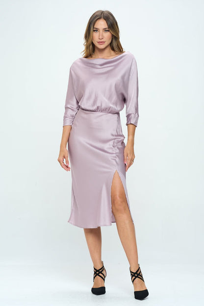 Stretch Satin Print 3/4 Sleeve Dress with Slit - Shellcreations