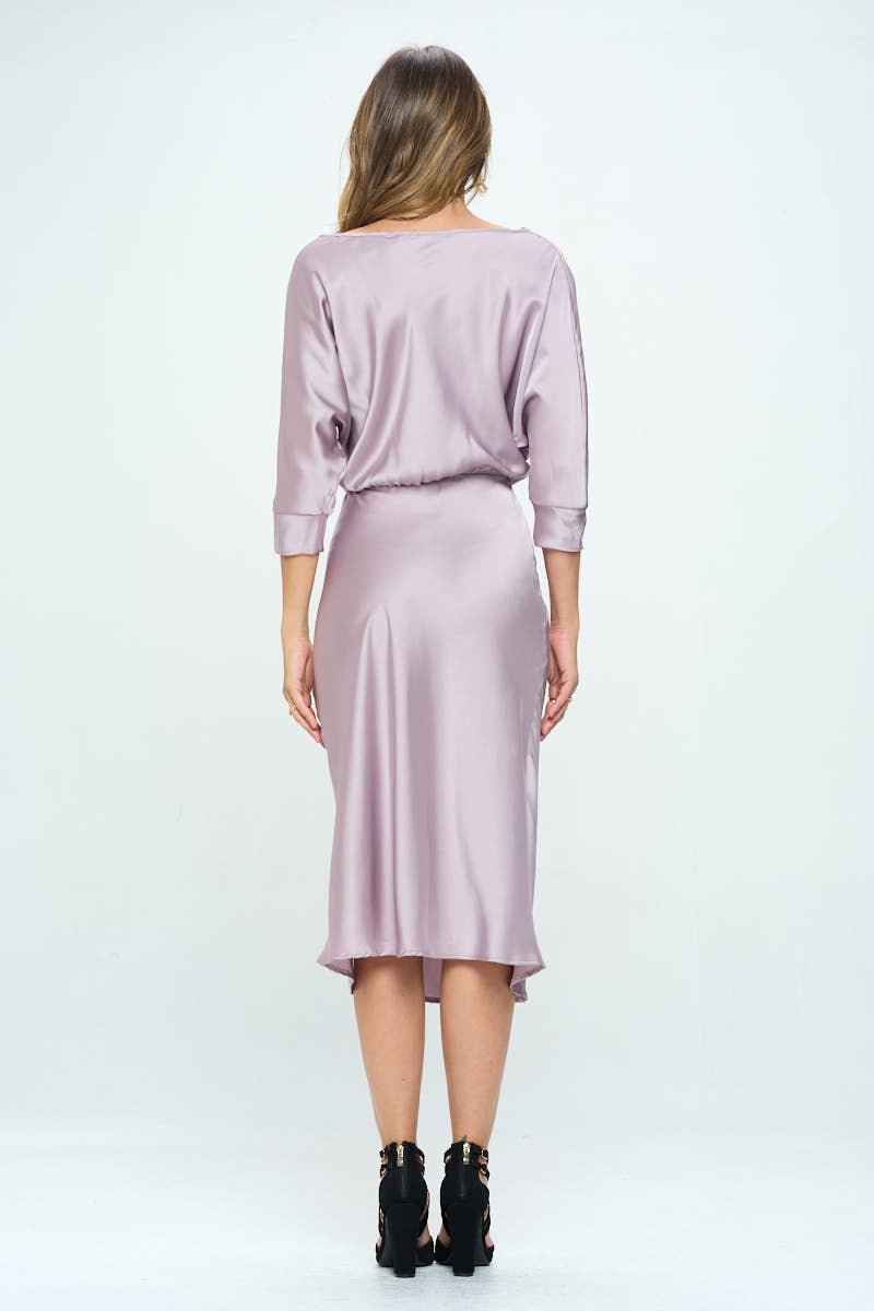 Stretch Satin Print 3/4 Sleeve Dress with Slit - Shellcreations