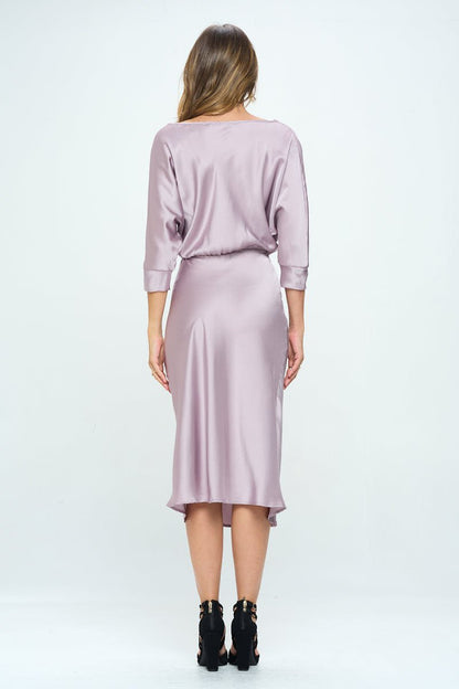 Stretch Satin Print 3/4 Sleeve Dress with Slit - Shellcreations