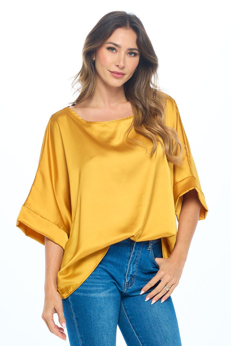Stretch Satin Solid Round neck Oversize Top - Shellcreations