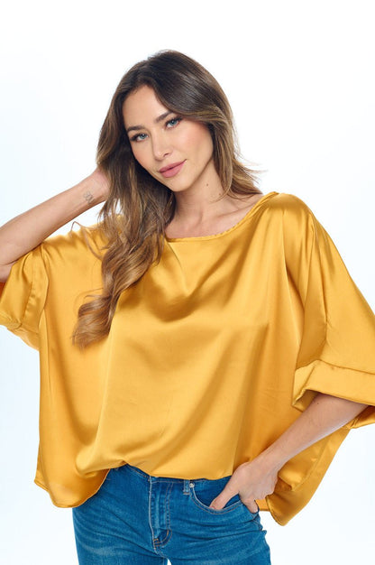 Stretch Satin Solid Round neck Oversize Top - Shellcreations