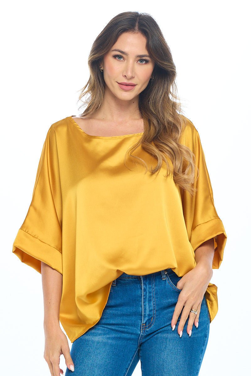 Stretch Satin Solid Round neck Oversize Top - Shellcreations