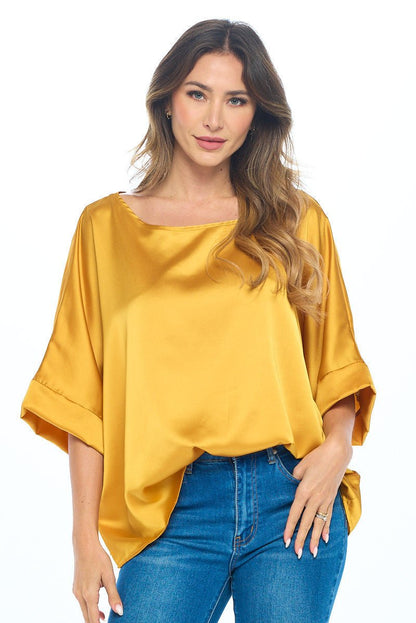 Stretch Satin Solid Round neck Oversize Top - Shellcreations