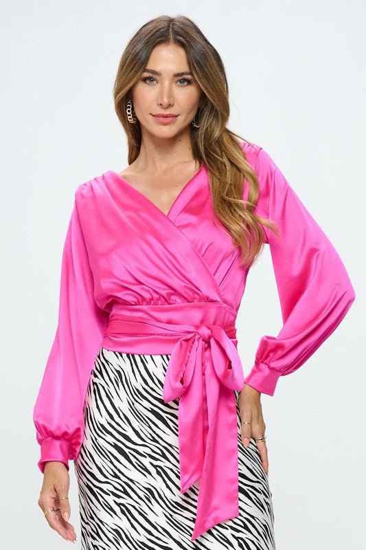 Stretch Satin Solid V neck Top with Open Back - Shellcreations