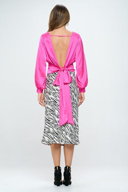 Stretch Satin Solid V neck Top with Open Back - Shellcreations