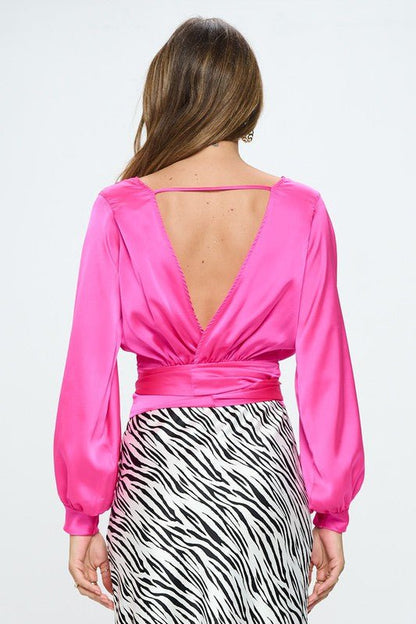 Stretch Satin Solid V neck Top with Open Back - Shellcreations