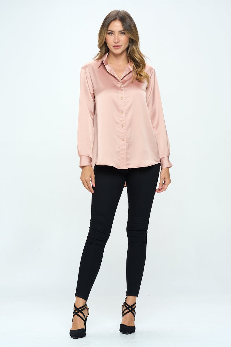 Stretch Satin V neck Blouse with Collar - Shellcreations