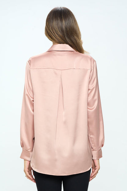 Stretch Satin V neck Blouse with Collar - Shellcreations