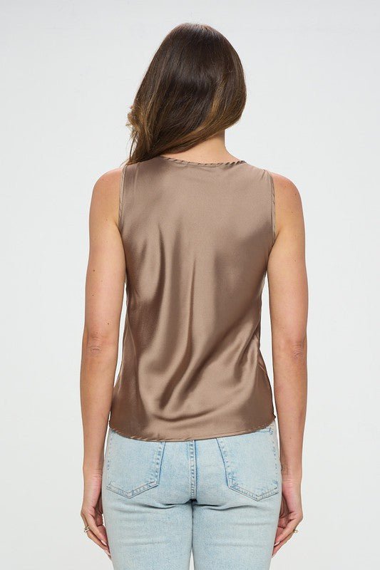Stretch Satin V neck Sleeveless Top w/ Ruched Detail - Shellcreations