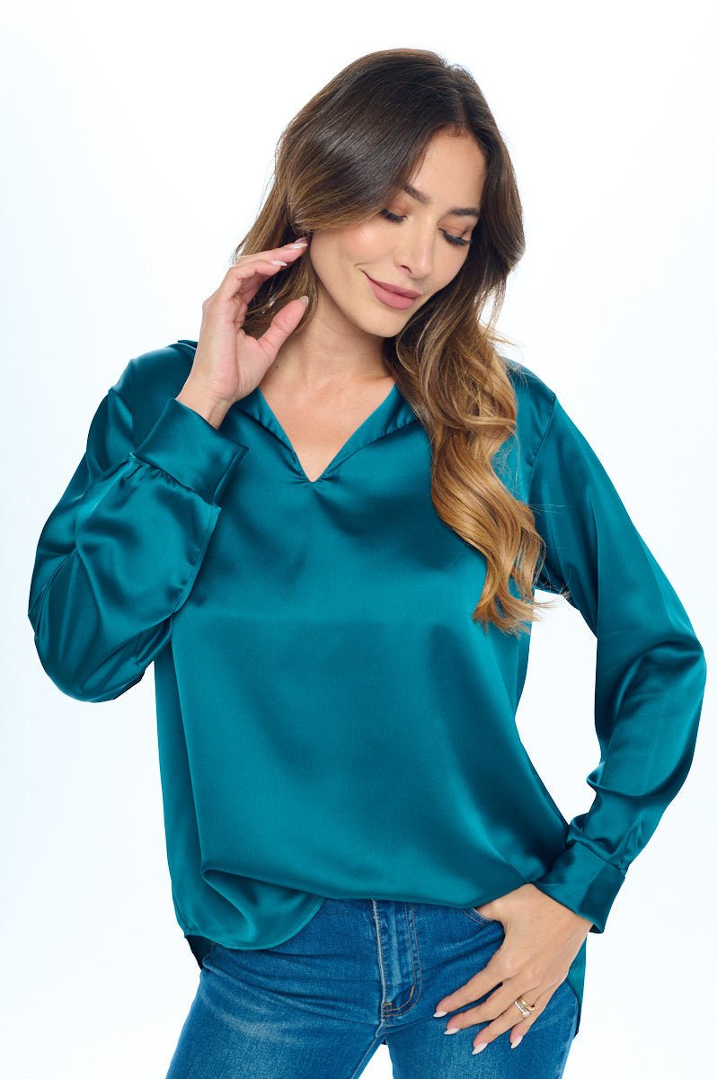 Stretch Satin V neck Top w/ Collar and Cuff Sleeve - Shellcreations
