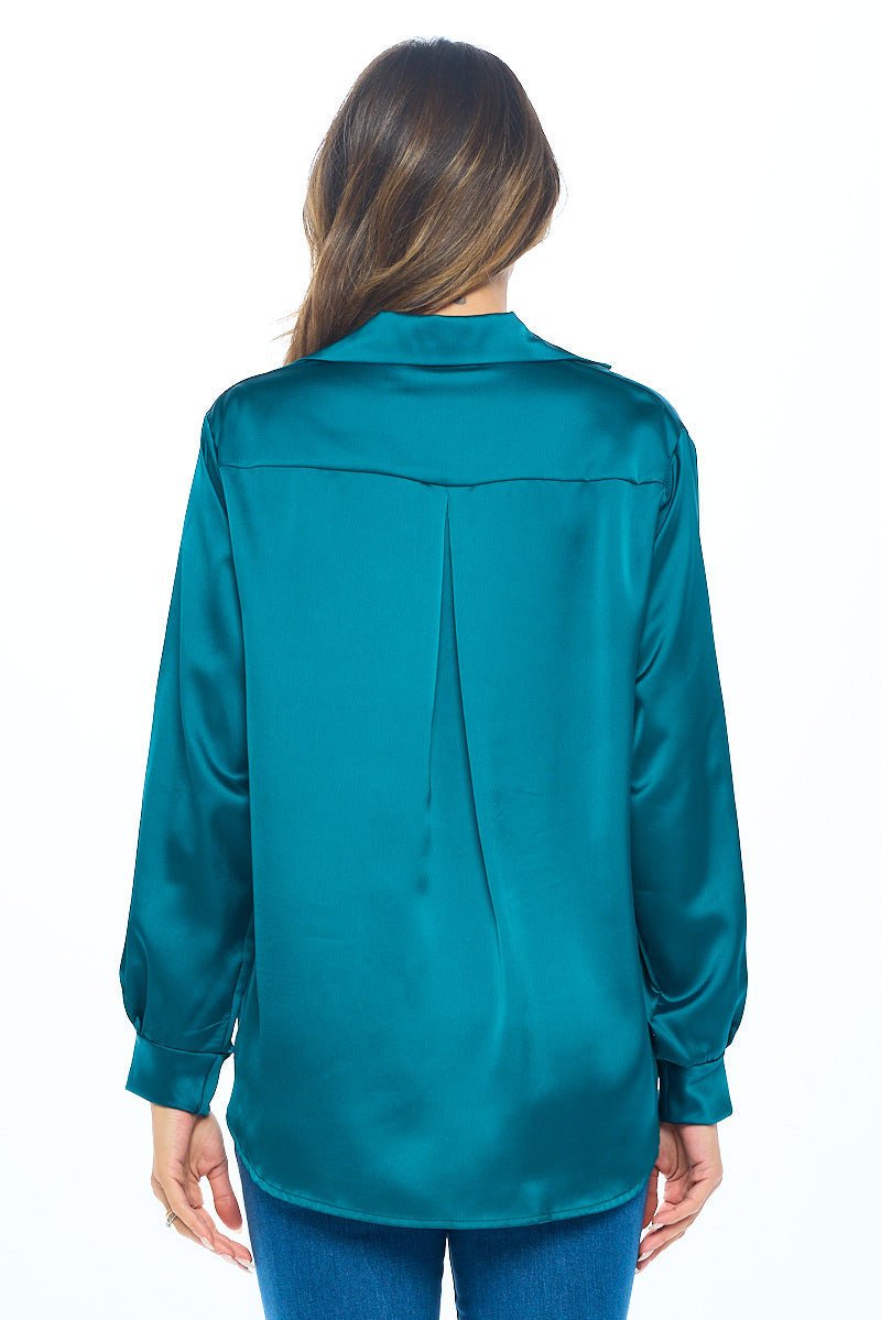 Stretch Satin V neck Top w/ Collar and Cuff Sleeve - Shellcreations