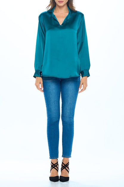 Stretch Satin V neck Top w/ Collar and Cuff Sleeve - Shellcreations