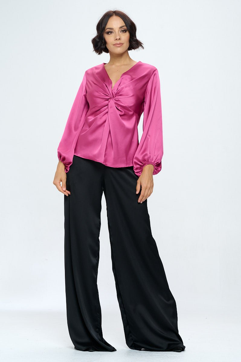 Stretch Satin V neck Top with Front Twist - Shellcreations