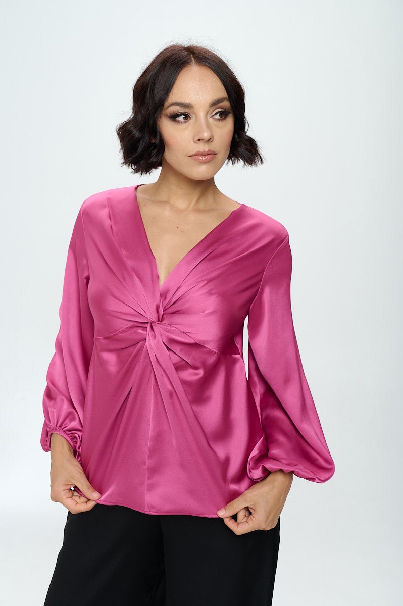 Stretch Satin V neck Top with Front Twist - Shellcreations