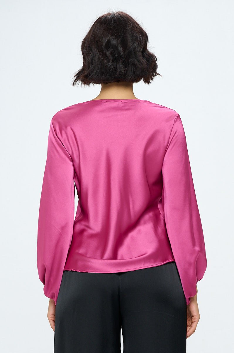 Stretch Satin V neck Top with Front Twist - Shellcreations