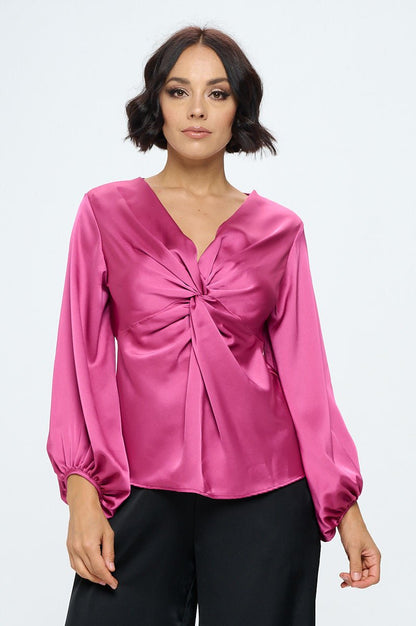 Stretch Satin V neck Top with Front Twist - Shellcreations