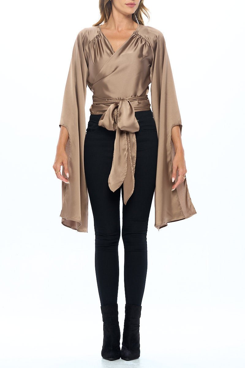 Stretch Satin Wrap Top with Exaggerated Sleeves - Shellcreations