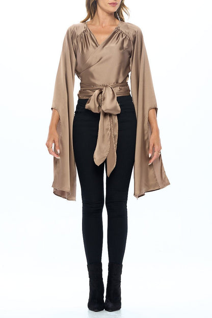 Stretch Satin Wrap Top with Exaggerated Sleeves - Shellcreations