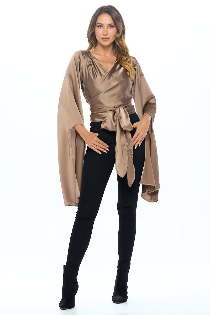 Stretch Satin Wrap Top with Exaggerated Sleeves - Shellcreations