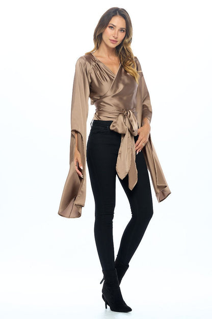Stretch Satin Wrap Top with Exaggerated Sleeves - Shellcreations
