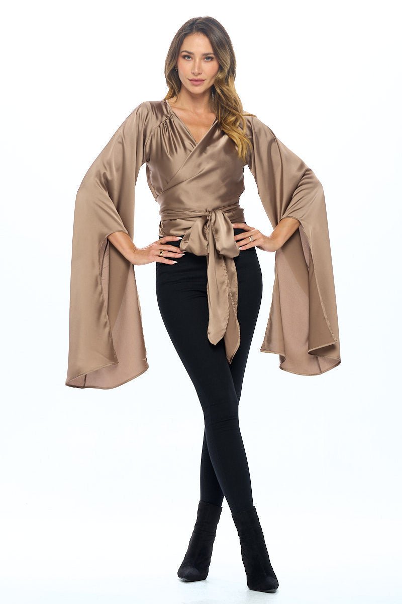 Stretch Satin Wrap Top with Exaggerated Sleeves - Shellcreations