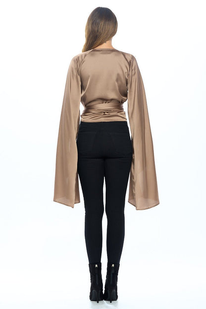 Stretch Satin Wrap Top with Exaggerated Sleeves - Shellcreations