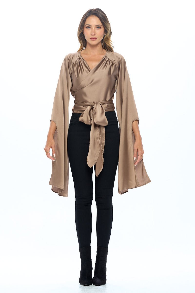 Stretch Satin Wrap Top with Exaggerated Sleeves - Shellcreations