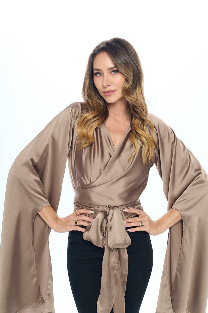 Stretch Satin Wrap Top with Exaggerated Sleeves - Shellcreations