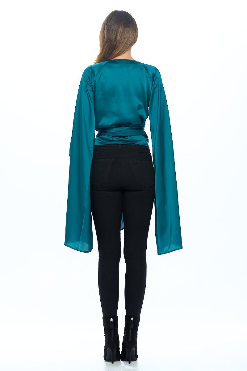 Stretch Satin Wrap Top with Exaggerated Sleeves - Shellcreations