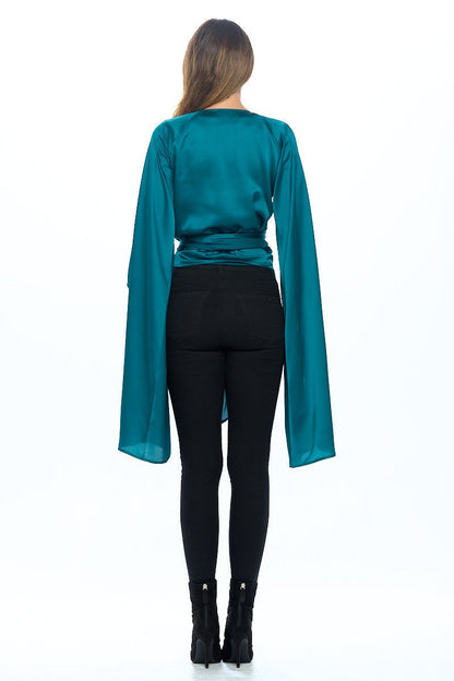 Stretch Satin Wrap Top with Exaggerated Sleeves - Shellcreations