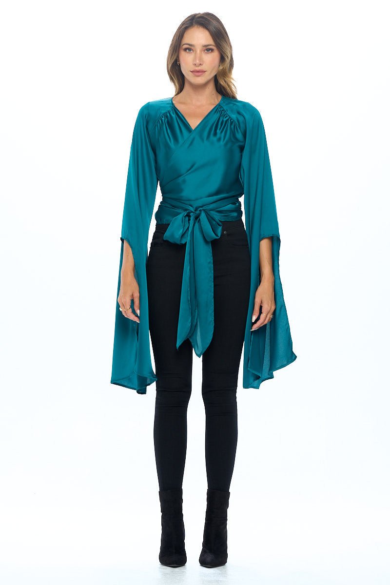 Stretch Satin Wrap Top with Exaggerated Sleeves - Shellcreations