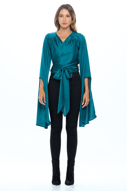 Stretch Satin Wrap Top with Exaggerated Sleeves - Shellcreations