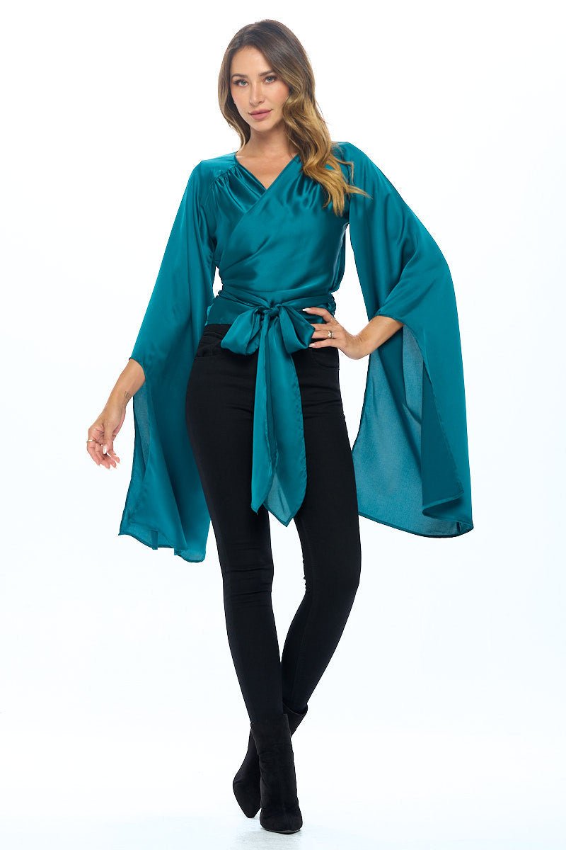 Stretch Satin Wrap Top with Exaggerated Sleeves - Shellcreations