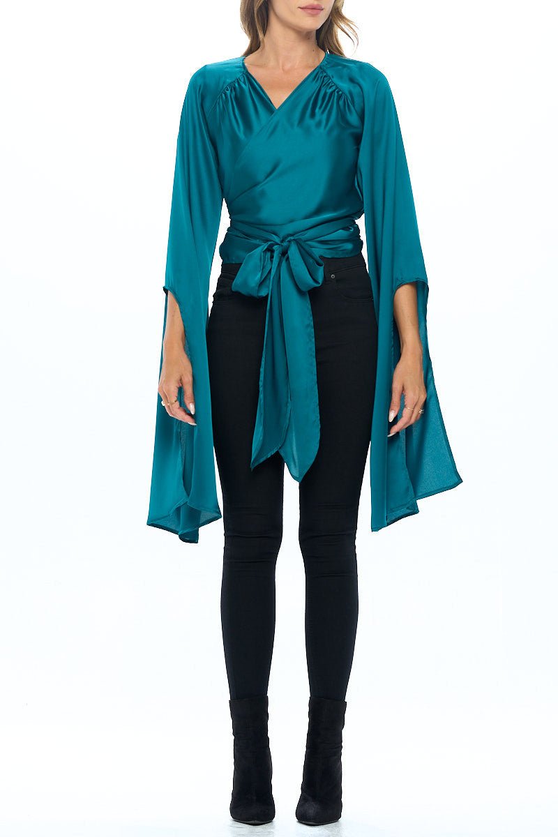 Stretch Satin Wrap Top with Exaggerated Sleeves - Shellcreations