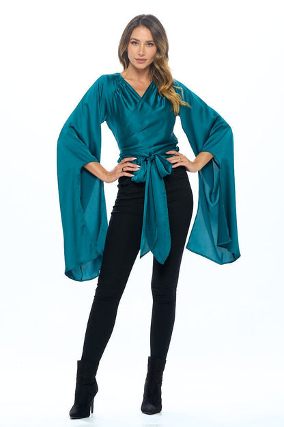 Stretch Satin Wrap Top with Exaggerated Sleeves - Shellcreations