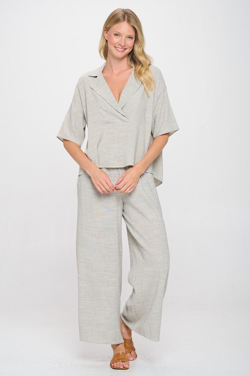 Striped Cotton Relaxed Oversize Fit V neck Top with Colla - Shellcreations