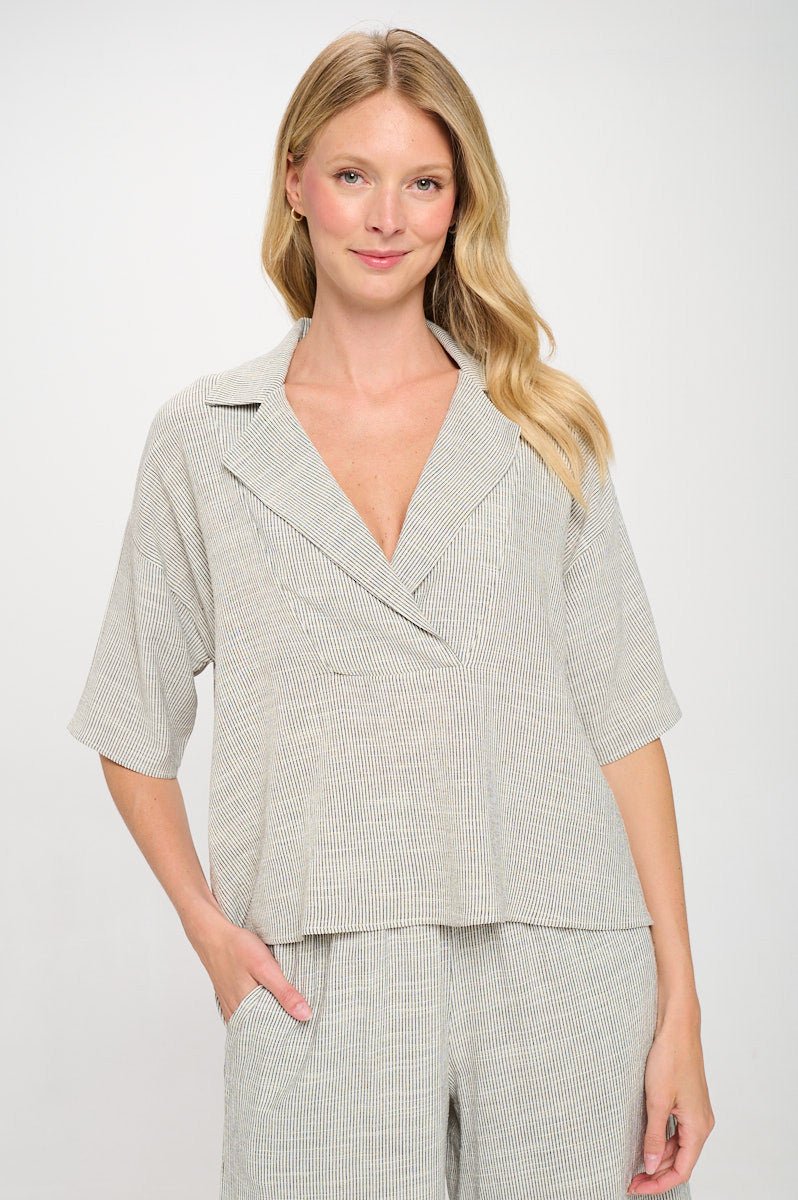 Striped Cotton Relaxed Oversize Fit V neck Top with Colla - Shellcreations