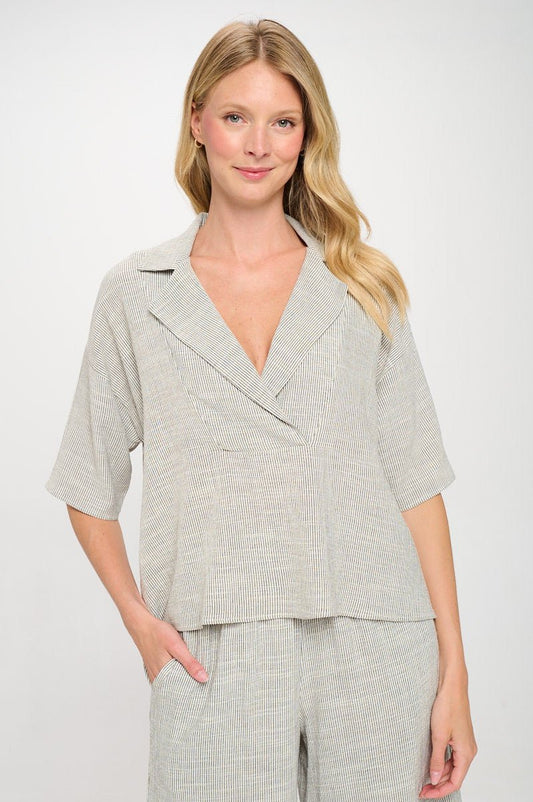 Striped Cotton Relaxed Oversize Fit V neck Top with Colla - Shellcreations