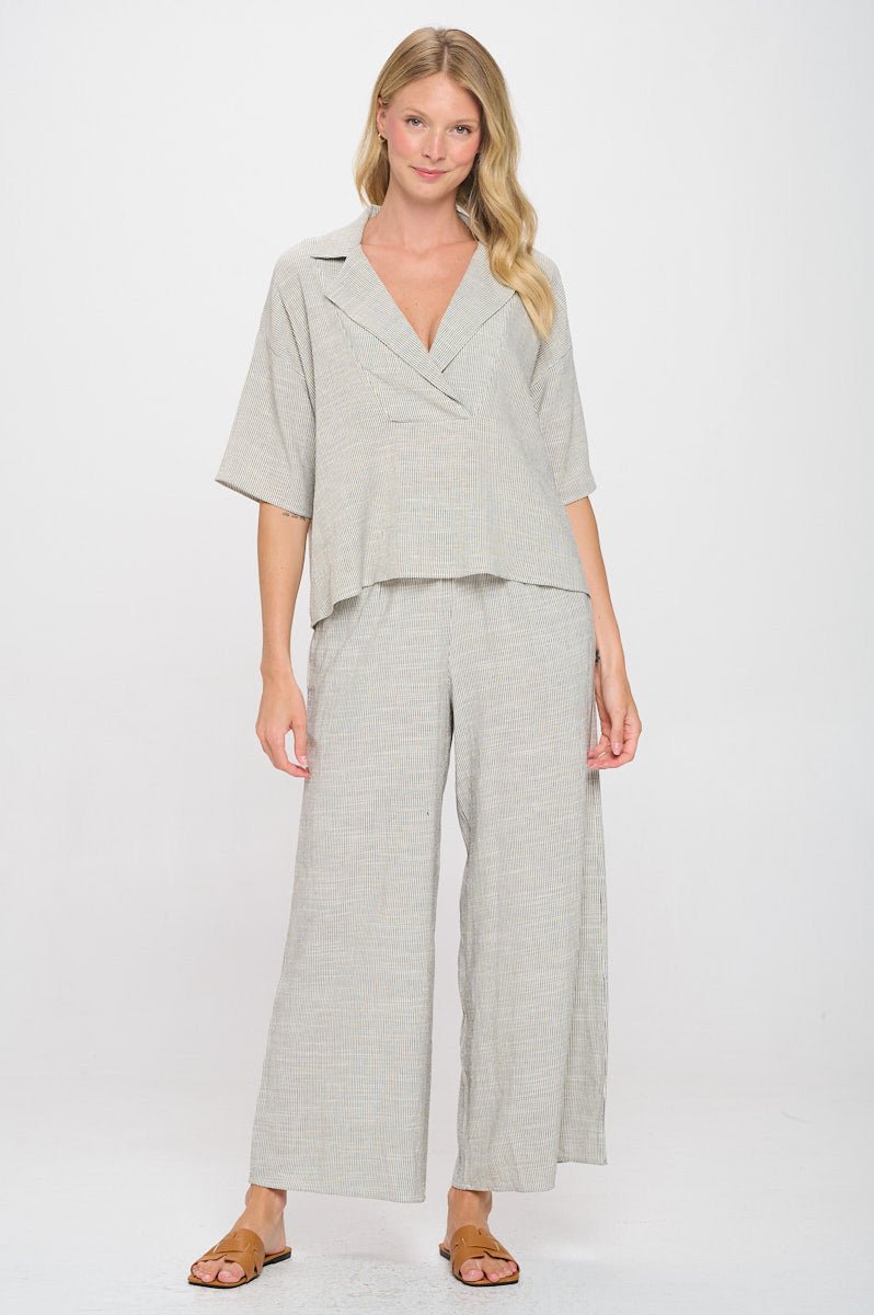 Striped Cotton Relaxed Oversize Fit V neck Top with Colla - Shellcreations