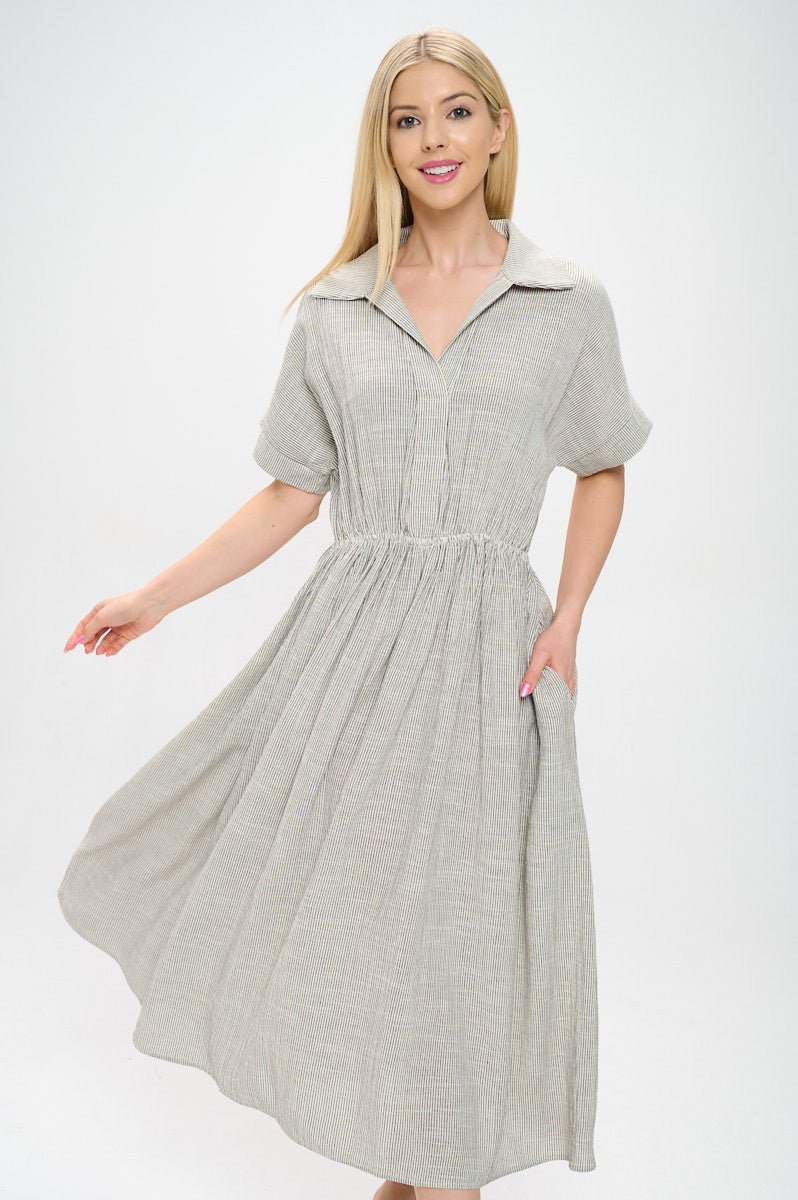 Striped Print Collared V neck Dress with Pockets - Shellcreations