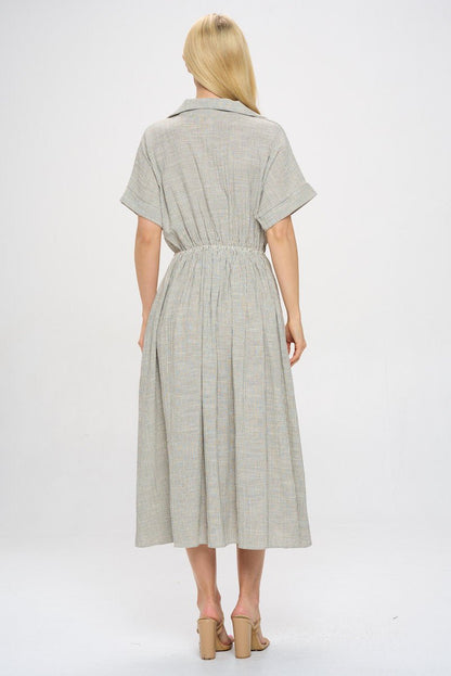 Striped Print Collared V neck Dress with Pockets - Shellcreations