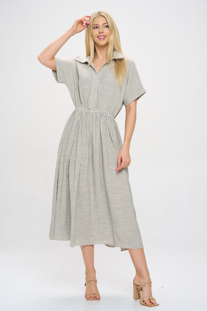 Striped Print Collared V neck Dress with Pockets - Shellcreations