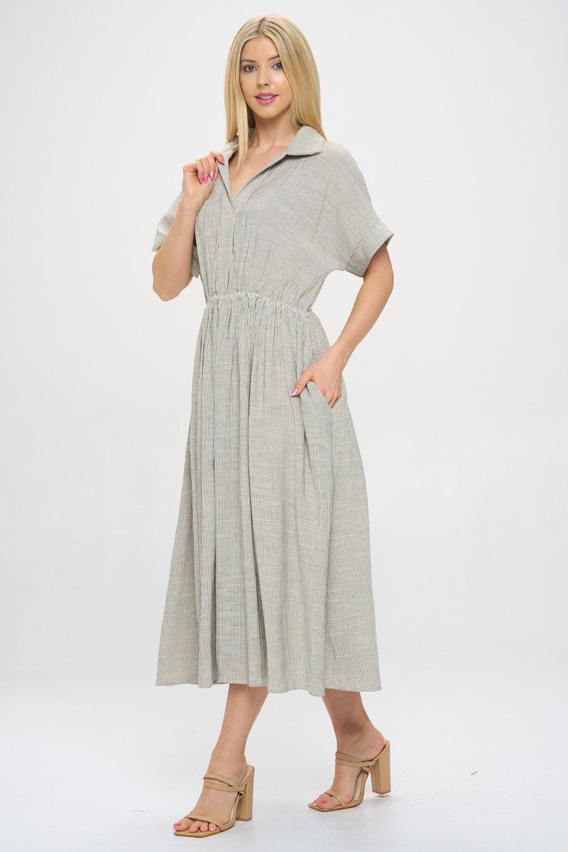 Striped Print Collared V neck Dress with Pockets - Shellcreations