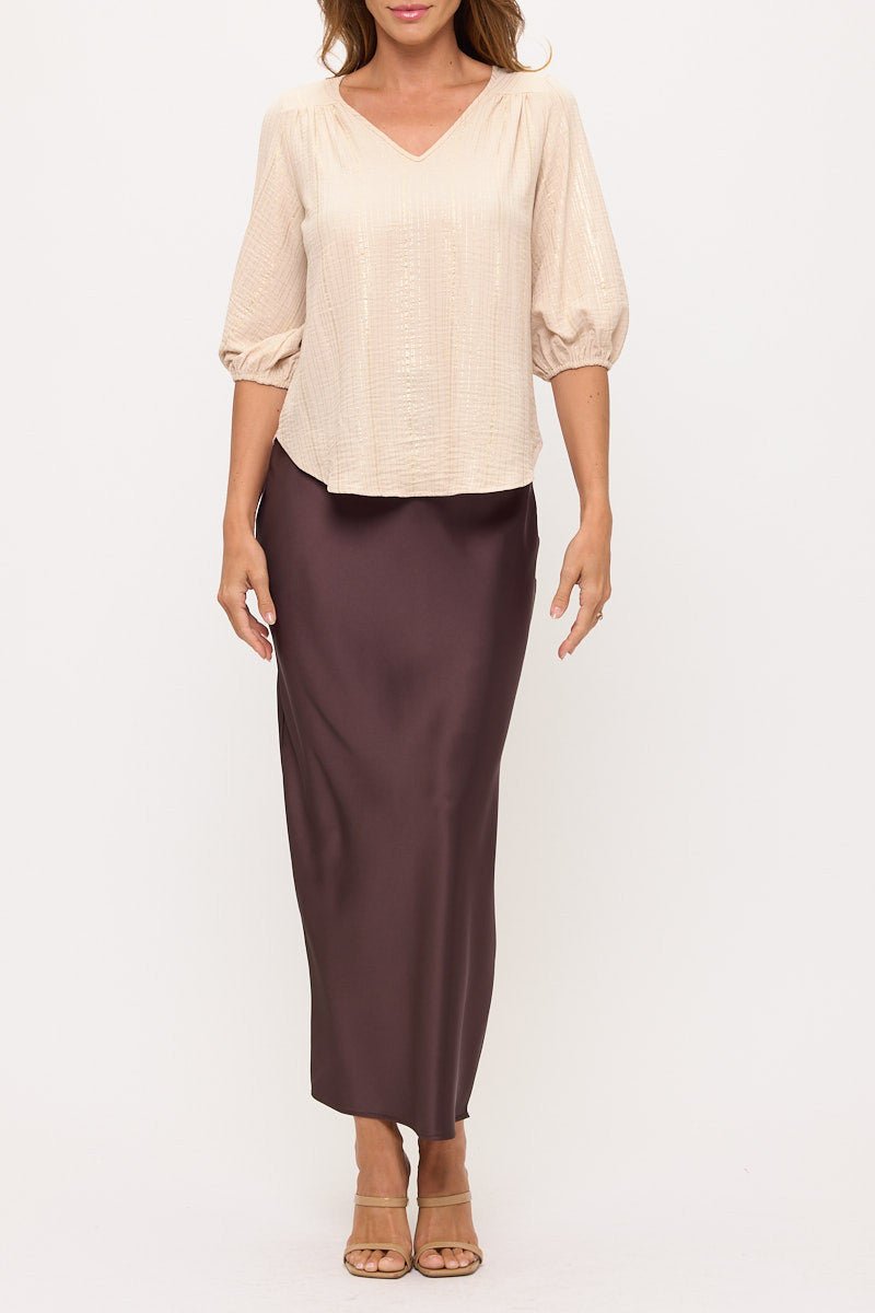 Striped Print V neck 3/4 Sleeve Top - Shellcreations