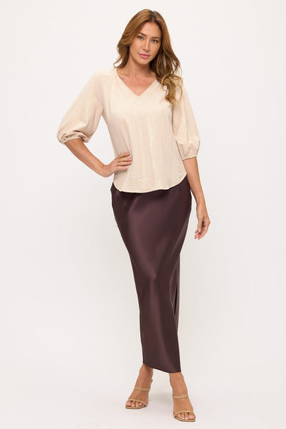 Striped Print V neck 3/4 Sleeve Top - Shellcreations