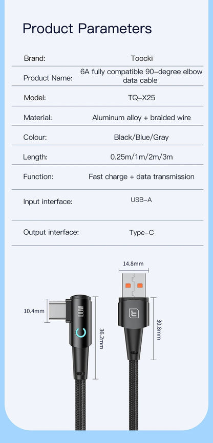 Toocki 6A USB C Cable 90 Degree For OPPO 100W Fast Charging Cord For Honor Huawei Oneplus Realme Charger Data Wire - Shellcreations