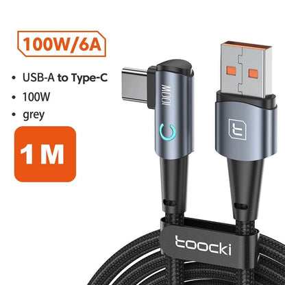 Toocki 6A USB C Cable 90 Degree For OPPO 100W Fast Charging Cord For Honor Huawei Oneplus Realme Charger Data Wire - Shellcreations