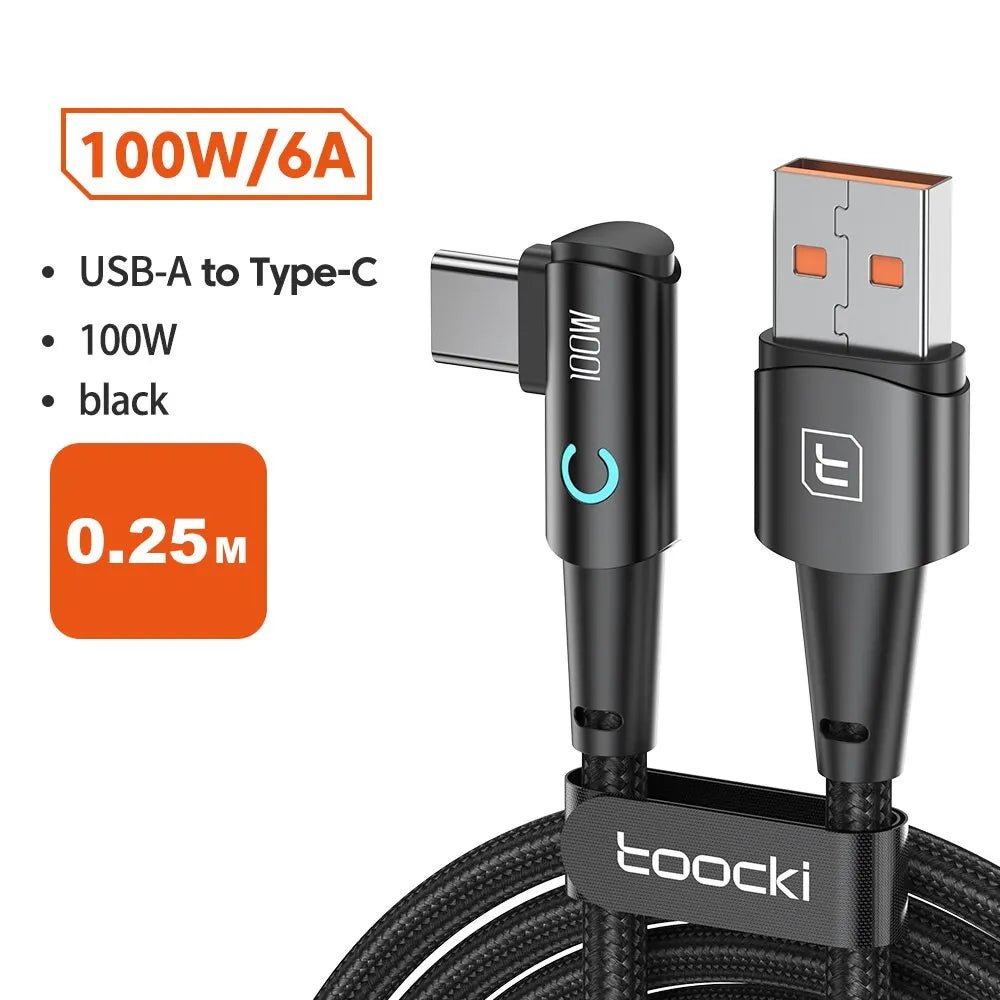 Toocki 6A USB C Cable 90 Degree For OPPO 100W Fast Charging Cord For Honor Huawei Oneplus Realme Charger Data Wire - Shellcreations