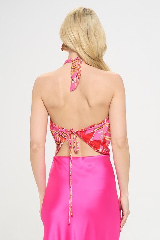 Tropical Leaf Print Halter Neck Backless Top - Shellcreations