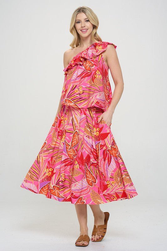 Tropical Leaf Print One Shoulder Top with Ruffle Neckline - Shellcreations